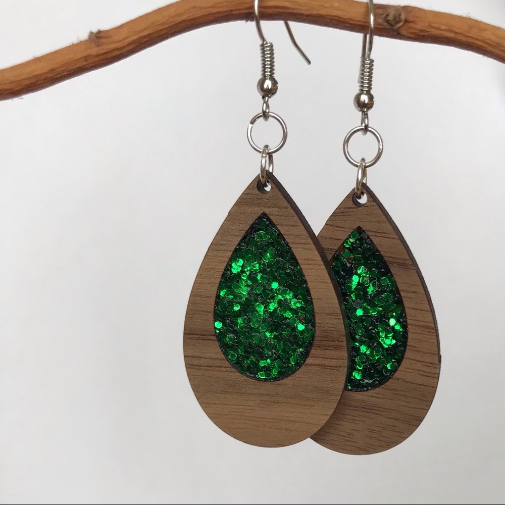 Green Glitter Wood Earrings